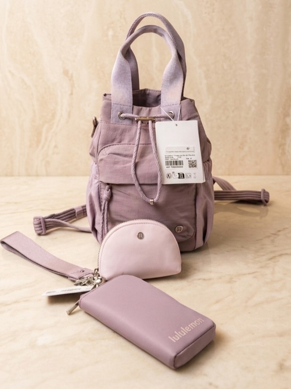 Lululemon SET Bucket Bag & Dual Pouch Wristlet Lotus Lavender Lilac Pink Pearl